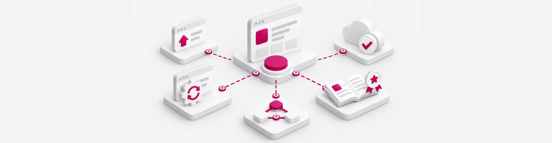 Zentrales Anwendungsfenster mit Magenta-Knoten, verbunden mit fünf Stationen: Fenster mit Pfeil nach oben, Zahnrad mit Kreislaufpfeilen, Cloud mit Häkchen, Buch mit Auszeichnung und vernetzte Knoten – Symbol für einen OutSystems Partner, der alle Phasen begleitet