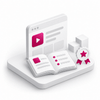 Bildschirm mit Lernvideo, aufgeschlagenes Buch und Siegel als Symbol für Schulung und Zertifizierung von Entwicklern