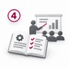 Schritt 4: Trainer vor einer Präsentationstafel mit Teilnehmenden und aufgeschlagenem Handbuch als Symbol für Übergabe und Schulung