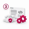 Schritt 3: Code-Fenster mit Zahnrädern und Sicherheitsschild als Symbol für die Entwicklung der Anwendung